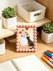 1pc Cute Beaded Photo Frame, Round Ball Edge Picture Frame, Plastic Tabletop Photo Holder, Pastel Color Aesthetic Desk Decor, Cat & Flower Print Art Frame, Boho Home Decor For Bedroom Living Room Office, Multi-Color Available - A - View 4
