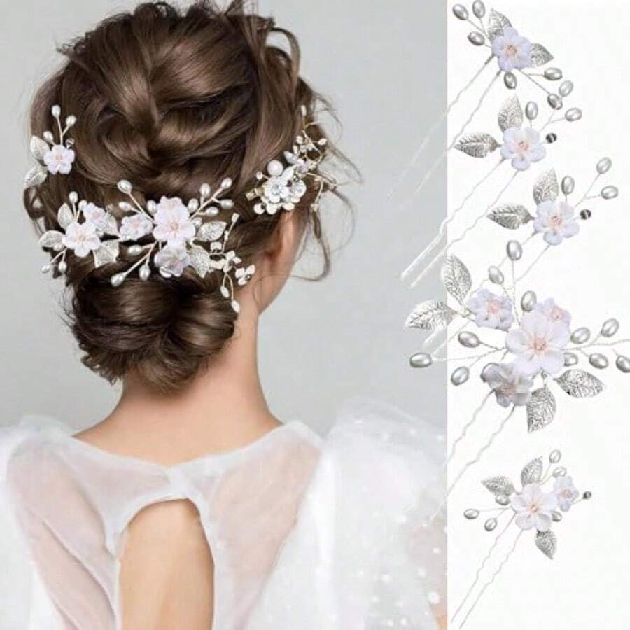 Yqq 5 Pieces Crystal Pearl Hair Pins For Women, Bridal Headpiece, Pearl Hairpins, Wedding Flower Hair Clips CrystalPearl Bridal Headpiece Hair Accessories 5 Pcs - 5 Pcs - 查看 1
