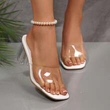 Women's Clear Strap Heeled Mule Sandals Open Toe Transparent Block Heel Elegant Party Vacation Shoes - 白色 - 查看 3