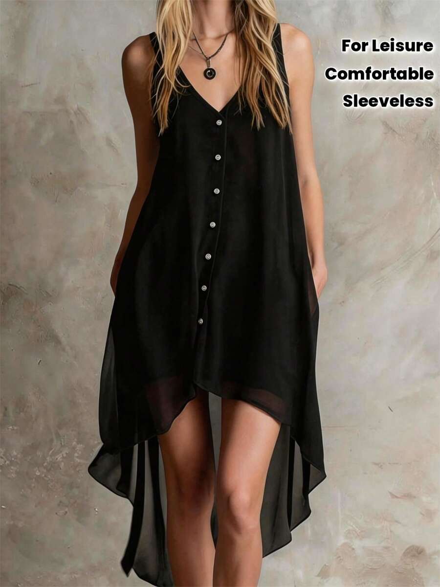 Sleeveless V-Neck Midi-Length Chiffon Loose-Fitting Casual Dress, A Stylish, Comfortable, Elegant And Versatile Casual Holiday Dress, Suitable For Leisure Vacations, Weekend Parties And Holiday Trips, An Elegant Dress For Special Occasions - 黑色 - 查看 1