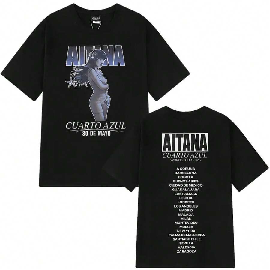 Aitanas Cuarto Azul Album T-Shirt For Men And Women, Fashionable Short Sleeve T-Shirt, Summer Cotton Harajuku O-Neck Oversize T-Shirt, Fan Gifts - 黑色 - 查看 1