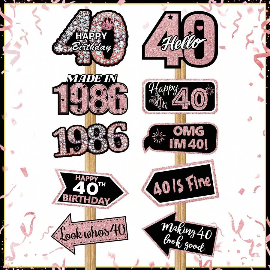 10pcs Black Rose Gold 16/18/21/40/50/60 Years Old Birthday Party Decoration Set, Funny Slogans, Suitable For 16/18/21/40/50/60 Years Old Birthday Party, Birth Anniversary Theme Decoration, Birthday Photo Backdrop, And Home Birthday Atmosphere Creation - 40 Years Old - View 1