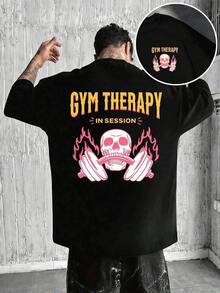 T-shirt med dödskallemönster för tyngdlyftning och gymträning, lätt bomullsjersey, dubbelsidigt tryck, långärmad, minimalistisk, oversized, höstfavorit. - Svart - Visa 7