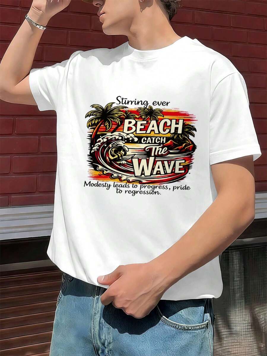 T-shirt da uomo estiva con grafica Beach Surf, 100% cotone, stile street hip-hop, comoda, resistente, stampa di - Bianco - Visualizzare 1