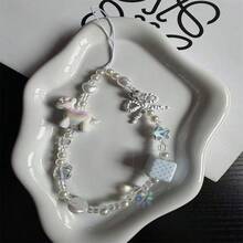 Delicate Iridescent Pony Beaded Phone Lanyard, Decorated With Pearl, Bow, Dice And Star Charms, Soft And Healing Milky White Color Scheme. Handmade Beaded With Fine Texture, Unique Niche Design, Suitable As Phone Strap, Keychain Or Bag Charm, Full Of Girly Vibe, Versatile For Daily Wear, Great For Gifting Or Personal Use - Multicolor - View 1