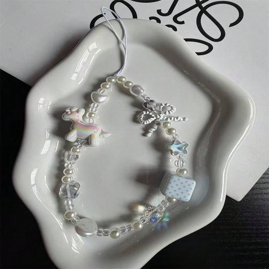 Delicate Iridescent Pony Beaded Phone Lanyard, Decorated With Pearl, Bow, Dice And Star Charms, Soft And Healing Milky White Color Scheme. Handmade Beaded With Fine Texture, Unique Niche Design, Suitable As Phone Strap, Keychain Or Bag Charm, Full Of Girly Vibe, Versatile For Daily Wear, Great For Gifting Or Personal Use - Multicolor - View 1