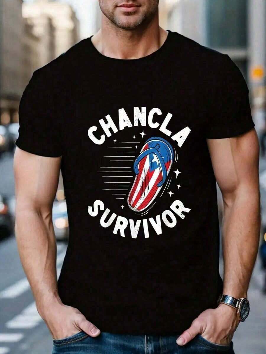 Camiseta 100% Algodón con Estampado Gráfico "Chancla Survivor Puerto Rican Puerto Rico" (Broma Divertida en Español) para Hombre y Mujer, Cuello Redondo, Manga Corta, Color Negro, para Verano - Negro - Ver 1