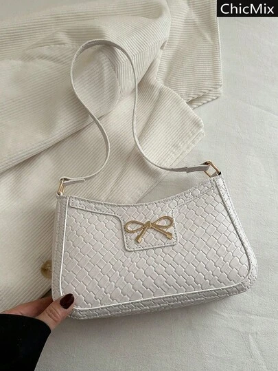 Solid Color Fashionable And Elegant Texture Crocodile Pattern Bow Decoration Women's Shoulder Bag, Suitable For Shopping, Wallets, Shopping, Young Women, College Students, Newcomers, And White-Collar Workers. They Are Very Suitable For Offices, Universities, Work, Business, Commuting, Outdoor Activities, Travel, And Outings