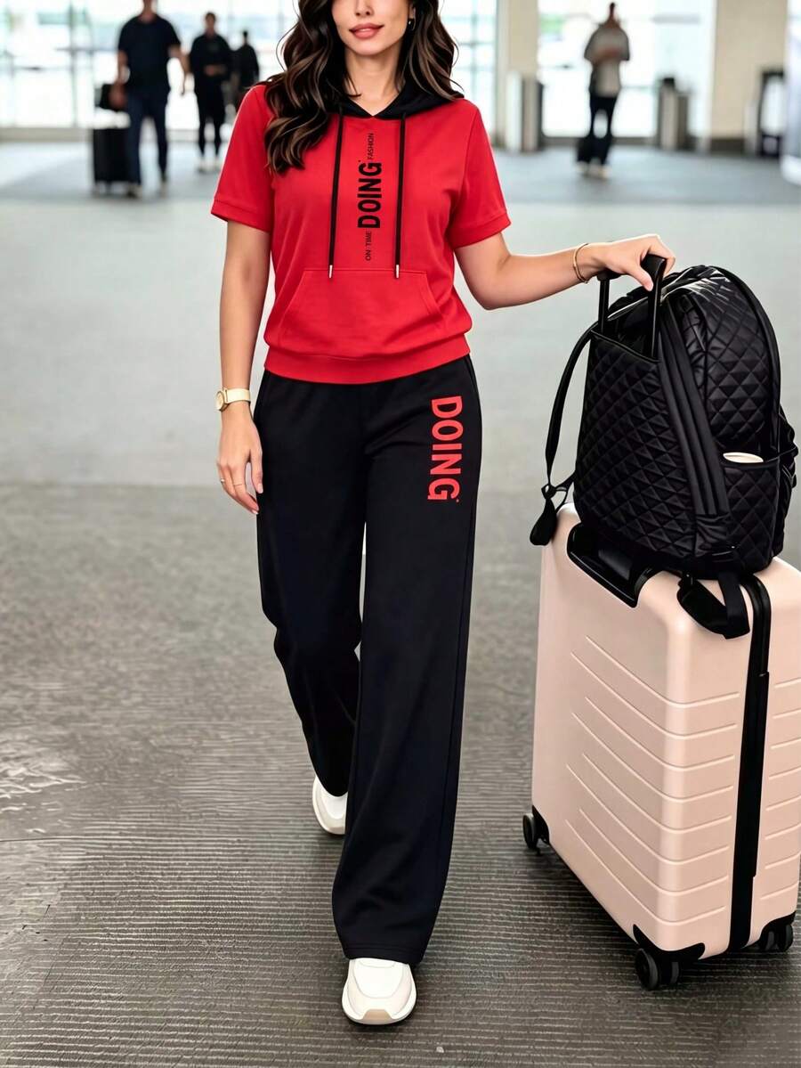 两件套女士春夏休闲运动套装,撞色连帽卫衣搭配高腰宽松直筒裤,居家、通勤舒适百搭,适合运动、日常、街头、校园、机场等各种场合,修身红色优雅款 - 紅色 - 查看 1