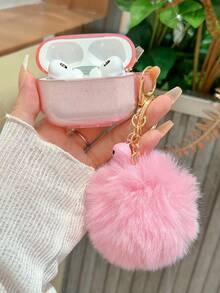 Glitter Earphone Case With Pink Furball & Bell, Suitable As Gift For Girlfriend - Pink - View 2