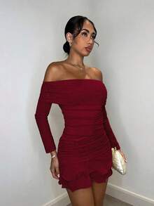 MEXSHEIN  Vestido mini elegante y dulce de manga larga con hombros abiertos, tejido de malla de unicolor, con volantes exagerados en el bajo, adecuado para reuniones de té por la tarde, salidas de moda, citas, salidas dulces, salidas nocturnas, fiestas navideñas, Noche Vieja, atuendos de mujer para vacaciones, vestidos de manga larga, atuendos sexys de mujer, atuendos de mujer para clubes, vestidos mini de manga largaMEX U86X - Burdeos - Ver 5