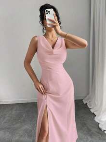 MEXChiquease Vestido elegante de mujer de unicolor con cuello en V, abertura alta y sin mangas, vestido de noche formal, vestido largo sexy, Día de San ValentínMEX GGVP - Rosa - Ver 6