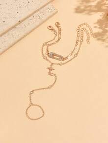 2pcs/Set Minimalist Niche Style Gold Rhinestone Hexagram Hairpin Decor Double-Layer Adjustable Finger Chain Bracelet, Fashionable Versatile Hand Jewelry Suitable For Daily Wear And Party Occasions - Multicolor - View 3