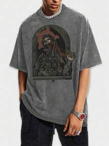Camiseta Lavada para Hombre con Imagen de Calavera de Santo, Patrón de Arte Religioso Oscuro, Ajuste Elástico, Ropa Casual Urbana Vintage - Negro - Ver 7