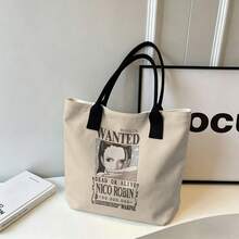 Miniso Túi tote vải canvas in hình "Nico Robin, Truy nã sống hay chết" trong One Piece, màu be, thích hợp sử dụng hàng ngày. - màu đen - Xem 7