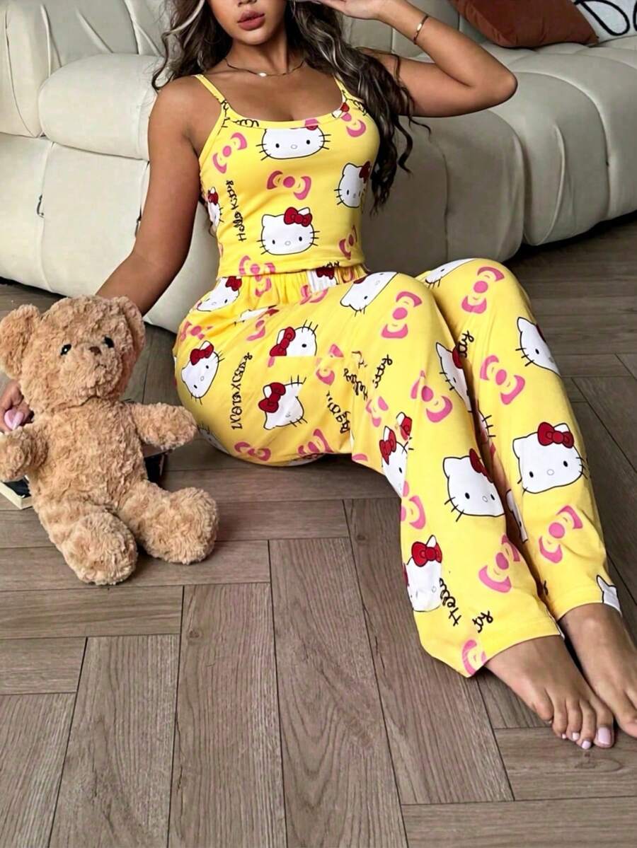 2pcs Hello Kitty Print Women's Camisole Crop Top + Elastic Waist Straight Pants Cute Pajama Set
