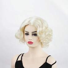 Women's Short Platinum Blonde Wavy Curly Wig, Synthetic Fiber Vintage Hairpiece, Suitable For Halloween Party, Cosplay, Costume Wear, Includes 1 Wig Cap - Gold - View 4