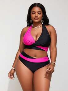 2026 New Plus Size Women's Sexy Fashion Pink & Black Color Block Halter Two-Piece Swimsuit For Vacation & Leisure - màu đen - Xem 1