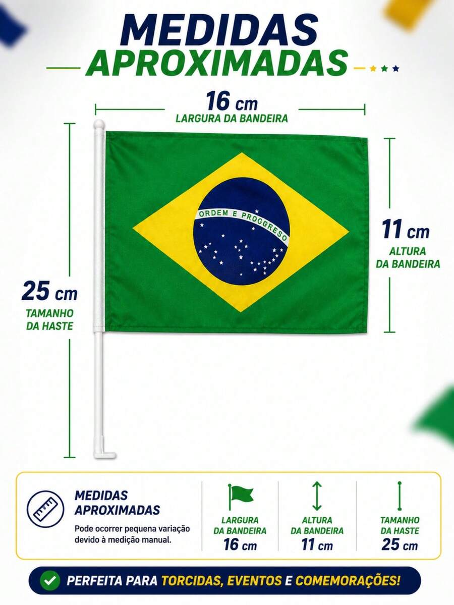 Kit 6 Bandeirinhas do Brasil com Haste Torcida Copa Eventos Festa Brasileira - 6Pcs - Visão 1