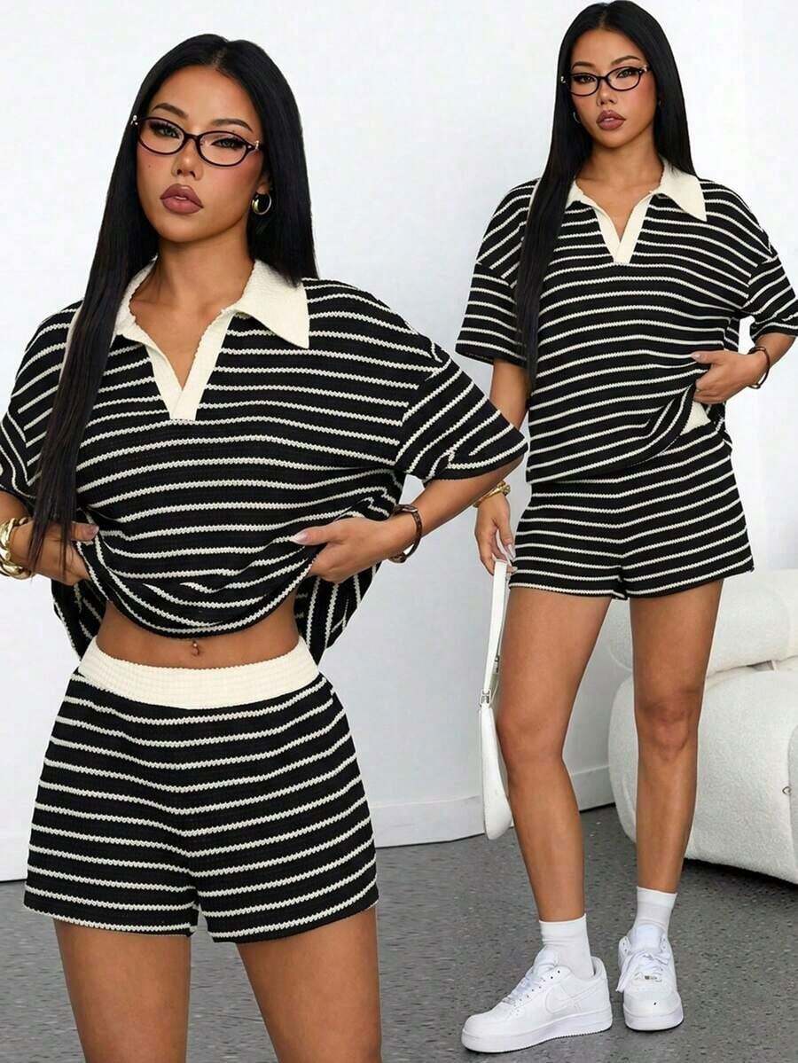 xheSHEIN PETITE Conjunto de 2 piezas para mujer con camiseta de manga larga de hombros caídos y cuello en V holgada a rayas y pantalones elásticos a la cintura a rayas, conjunto de suéter de invierno, conjunto de salón a rayas de otoño/invierno de 2 piezas para mujer, conjunto casual de 2 piezas a rayas, conjunto cómodo de 2 piezasxhe - Negro - Ver 1