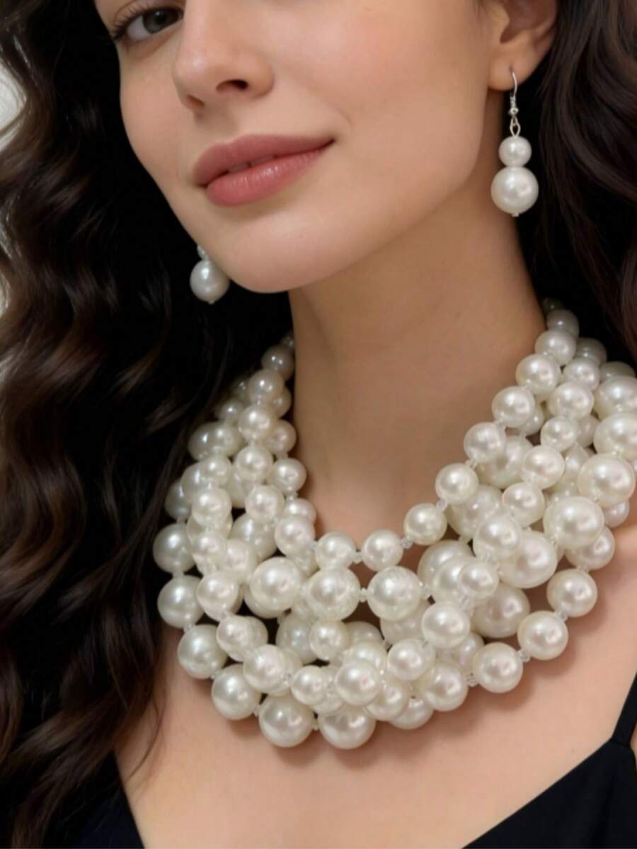 1 chiếc vòng cổ ngọc trai nhiều lớp màu trắng, sang trọng dành cho nữ, thích hợp làm quà tặng dự tiệc, đám cưới, đi học. - Dây chuyền 7 lớp màu trắng - Xem 1