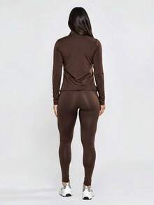 Women's 3-Piece Gym Set – Zippered Jacket + Padded Top + Leggings - Women's 3-Piece Gym Set – Premium Women's 3-Piece Gym Set For Autumn And Winter - 鏽棕色 - 查看 3