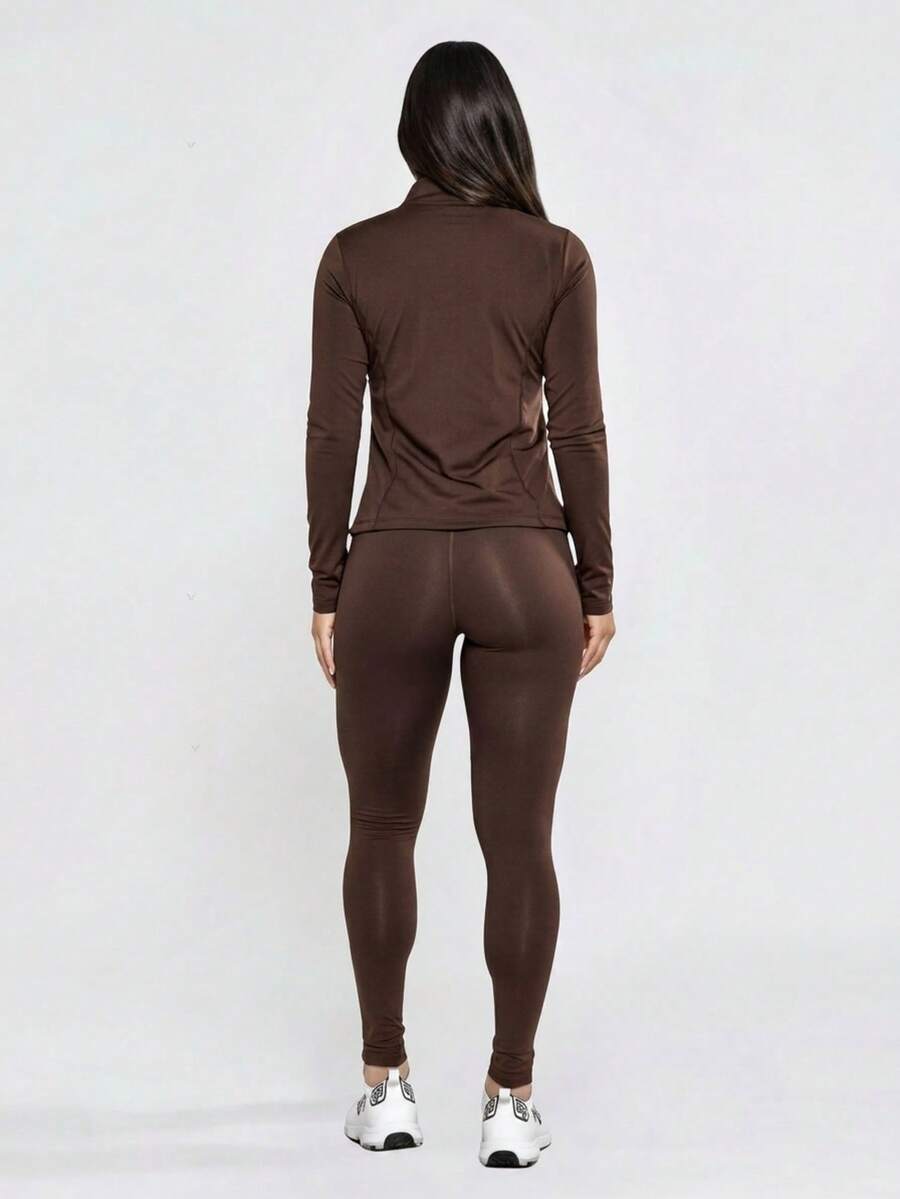 Women's 3-Piece Gym Set – Zippered Jacket + Padded Top + Leggings - Women's 3-Piece Gym Set – Premium Women's 3-Piece Gym Set For Autumn And Winter - 鏽棕色 - 查看 1