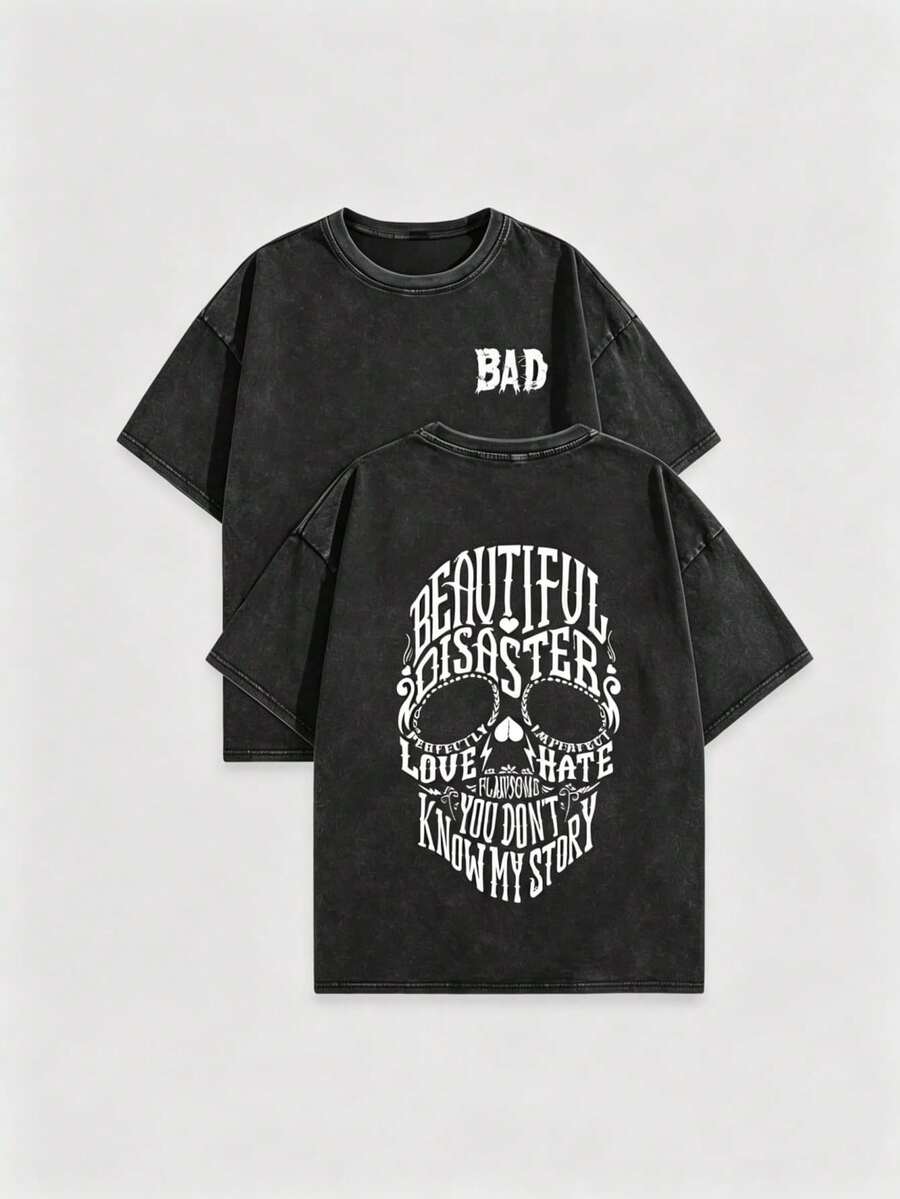 Camiseta retro desgastada para hombre - Estampado gráfico de calavera y texto "Beautiful Disaster", top casual de estilo urbano para uso diario, camiseta de algodón transpirable para regalos navideños 004-AB