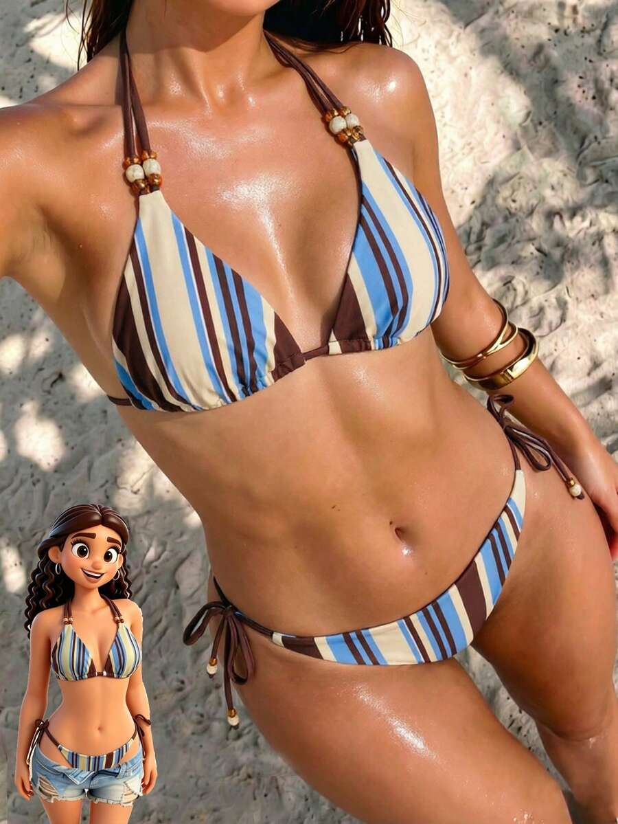 Women's Striped Beaded Spaghetti Strap Triangle Bikini Set, 2-Piece Summer Holiday Beach Swimwear, Brazilian June Festival Ladies Outfit - Multicolor - View 1