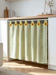 1PC Cute Korean-Style Sunflower Green Short Curtain,Farmhouse Style. Small Window Curtains For Kitchens,Half Curtains For Doors, Cabinet Partitions - Easy To Install (Rod Pocket Process). - Green - View 2