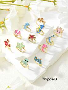 36pcs/12pcs Cute Cartoon Rings, Animal, Flower, Heart Shaped Enamel Rings Set, Zinc Alloy Small Animal Design Adjustable Rings, Suitable For Both Boy And Girl - Gold - View 4