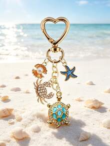 Gold Ocean Theme Keychain, Decorated With Turtle, Crab, Starfish And Pearl Charms, Heart-Shaped Lobster Clasp Bag Charm, Sparkling Rhinestone And Enamel Accents - Multicolor - View 9
