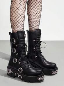 AYUSTONG Women's Y2K Style Punk Rock Platform Combat Boots, Chunky Heel Design, Thick Sole, Decorated With Rivets And Zipper Buckle, Solid Color Lace-Up Mid-Calf Boots, Non-Slip Rubber Sole, Comfortable Low-Top Round Toe Style With Thick Sole - Black - View 1