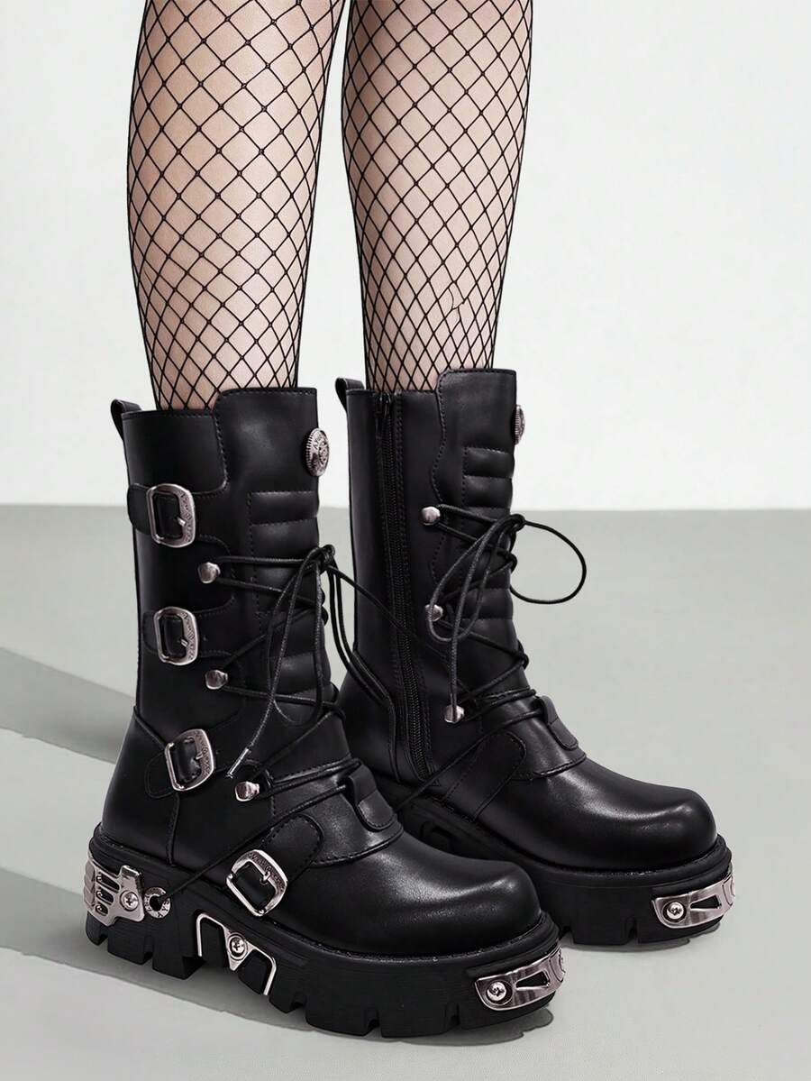 AYUSTONG Women's Y2K Style Punk Rock Platform Combat Boots, Chunky Heel Design, Thick Sole, Decorated With Rivets And Zipper Buckle, Solid Color Lace-Up Mid-Calf Boots, Non-Slip Rubber Sole, Comfortable Low-Top Round Toe Style With Thick Sole - Black - View 1