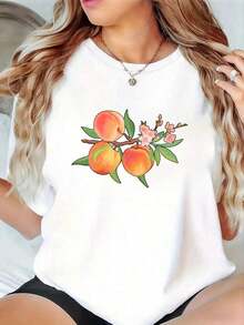 Unisex Black T-Shirt With Peach And Flower Design, Casual Short Sleeve Top For Women, Fruit Print T-Shirt, Summer Clothes, Festival Gifts - 白色 - 查看 4
