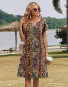 ,Flower Dress Women,2026 Women's Summer Casual Floral V-Neck A-Line T-Shirt Mini Dress Short Sleeve With Pockets Beach Sundress,Casual Summer Dress, Summer Casual Dress, Holiday Choice - 彩色 - 查看 4