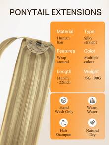 DOORES Extensiones de Coleta Invisible de Cabello Humano Remy 100% con Clips - Liso 14-22 Pulgadas, 75-90g, Apariencia Natural Suave, Fácil de Instalar, Regalo Perfecto para Esposa o Amiga - S16/22A - Ver 2