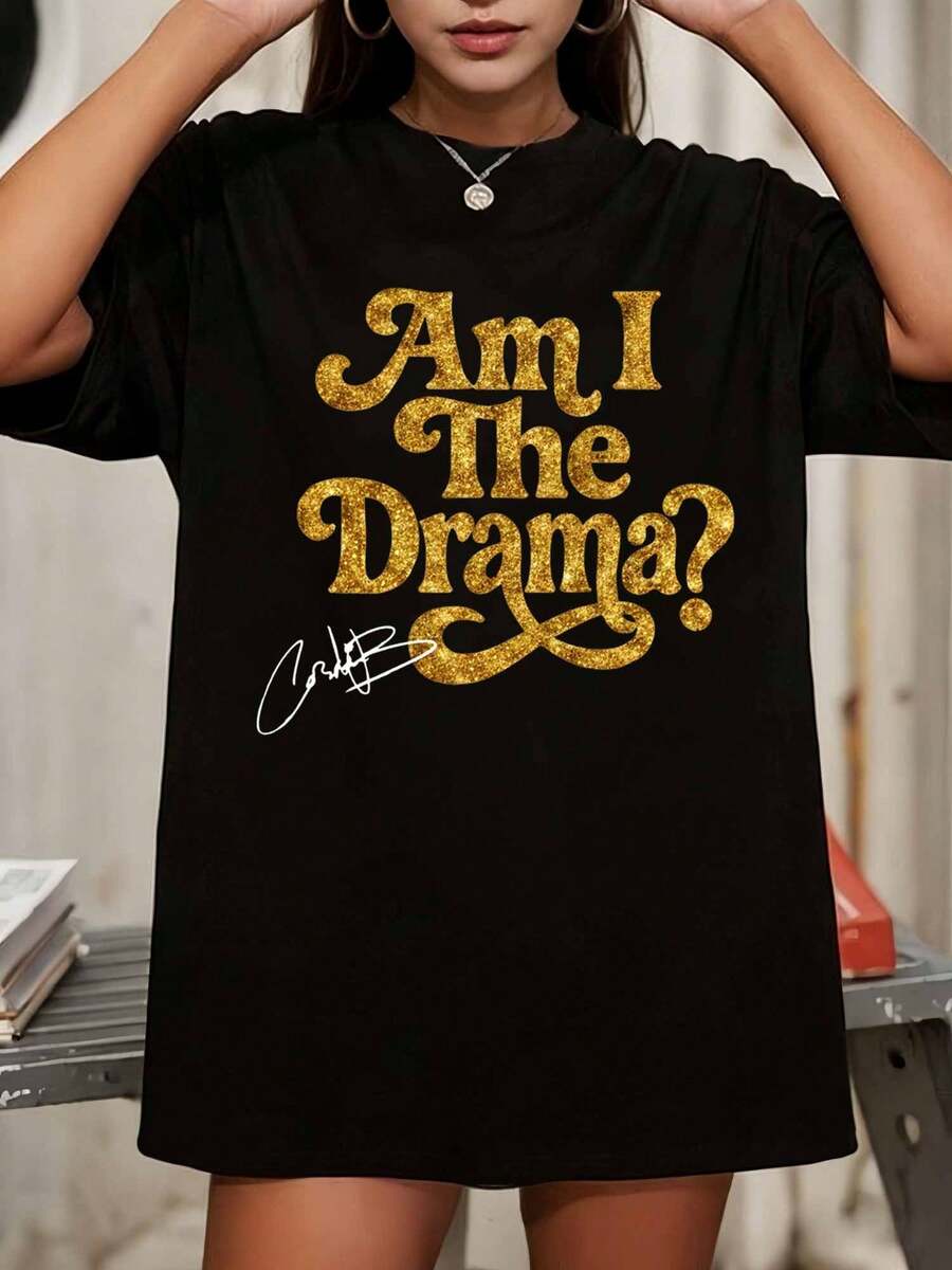 Cardi BB Am I The Drama Gold Glitter Text Graphic Oversized Black T-Shirt - Black - View 1