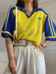 Women's Brazilian Openwork Knit Shirt With Retro Style Polo Neck - Amarillo - Azul - Ver 1