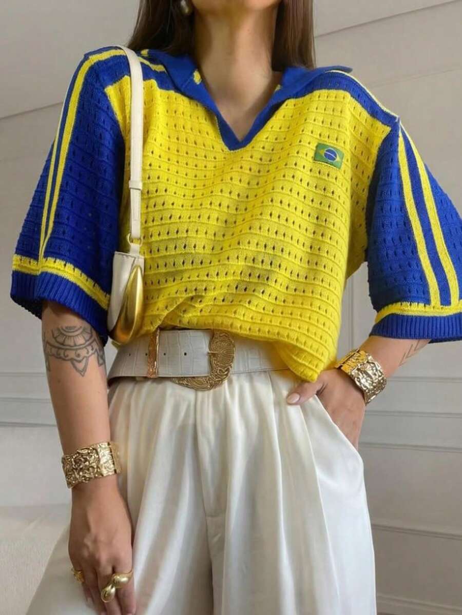 Women's Brazilian Openwork Knit Shirt With Retro Style Polo Neck - Amarillo - Azul - Ver 1