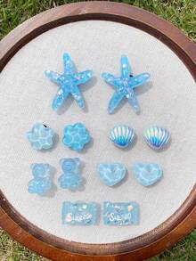 12个时尚百搭蓝色海星、贝壳、心形鞋夹，可拆卸DIY装饰，多功能配件，适用于女士凉鞋、拖鞋、沙滩包，适合作为节日和生日派对礼物 - 藍色 - 查看 7