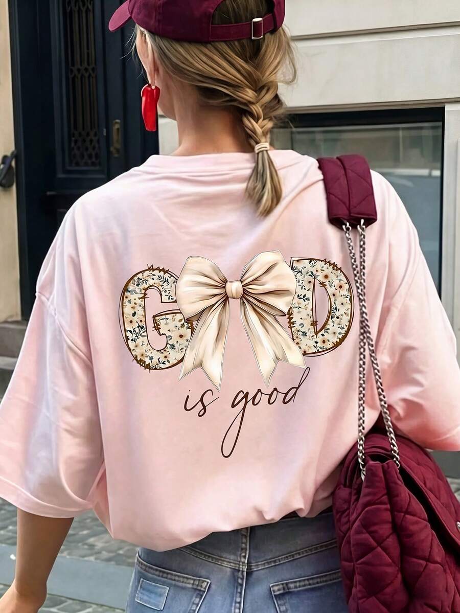 Casual Relaxed Fit Graphic Print Short Sleeve T-Shirt, Soft & Versatile Top For Women Pink Vacation Summer - Pink - View 1