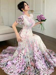 Vestido largo elegante y colorido con bordado calado para mujer, vestido de verano floral para mujer - Rosa 2 - Ver 3