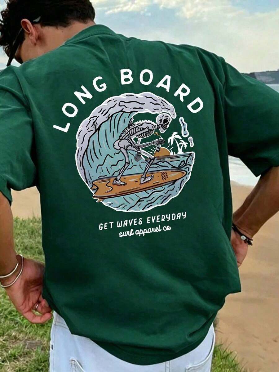 Men's Short Sleeve T-Shirt With Beach And Surf Elements Print, Comfortable And Breathable, For Summer Use - 墨綠色 - 查看 1