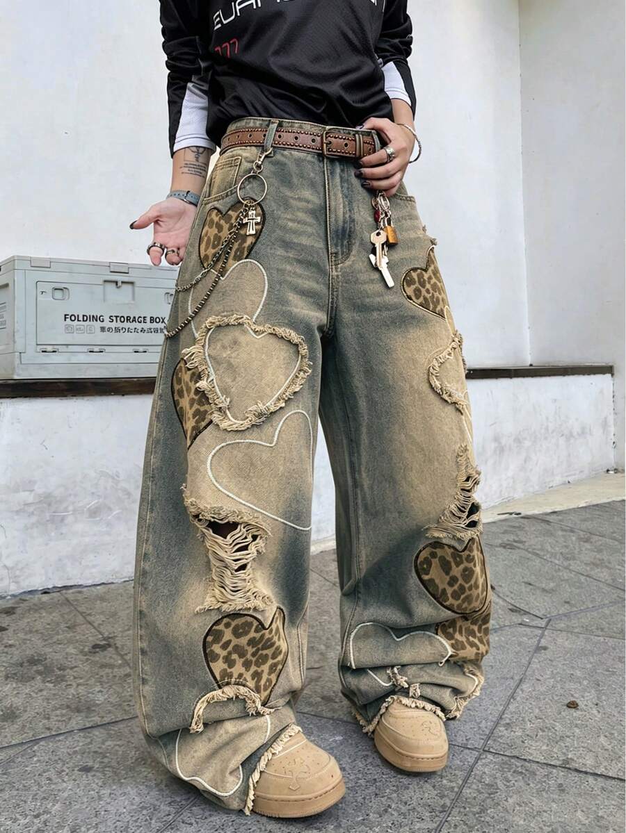 Hearty Haven 1件裝 美式男士街頭風刺繡磨損寬腿寬鬆休閒舒適學院風毛邊牛仔褲,四季百搭,不含腰帶與配件 - 銅色 - 查看 1