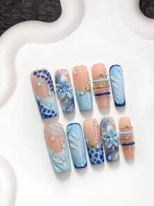 Bộ 10 móng tay giả nghệ thuật phong cách cổ tích đại dương làm thủ công, bộ móng Poly Gel, charm móng sao biển và hạt bong bóng xanh, hoa 5 cánh xanh chạm khắc tay, sơn móng xanh, phong cách lãng mạn tươi mới, kèm dụng cụ làm móng (1 miếng dán jelly + 1 dũa móng), 3 size, dáng hạnh nhân, dáng vịt, dáng quan tài, phù hợp đi tiệc, hằng ngày, sự kiện, chụp ảnh, đi làm mùa xuân/hè - Nhiều màu - Xem 16