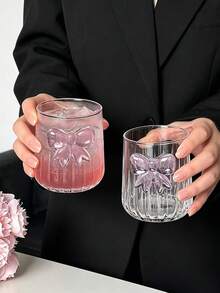 1个ins风高端竖条纹粉色蝴蝶结玻璃杯，时尚设计，耐热水杯、果汁杯、珍珠奶茶杯、鸡尾酒杯、拿铁饮料杯，咖啡店风格耐热水杯，夏季派对水果茶杯 - 彩色 - 查看 11
