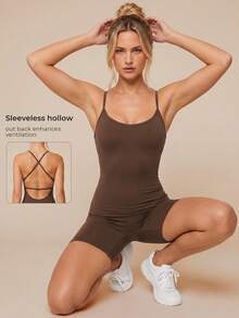 Women's One-Piece Backless Yoga Jumpsuit, Adjustable Criss-Cross Back, Tummy Control, Slimming, Short Athletic Jumpsuit Sports - Coffee Brown - View 2