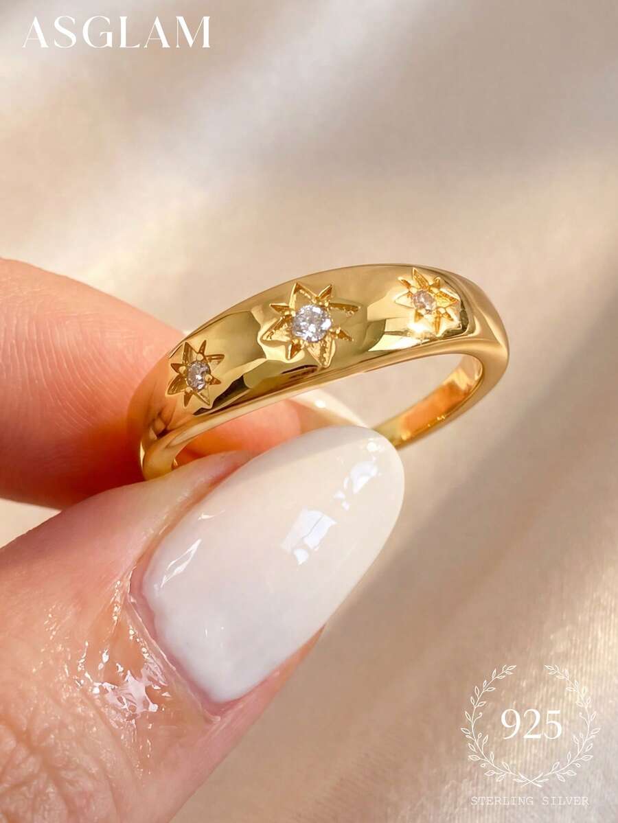 1 chiếc nhẫn bạc 925 đính đá Zirconia trắng, thiết kế thanh lịch và thời trang, trang sức tinh tế, thích hợp làm quà tặng kỷ niệm/sinh nhật. - Vàng - Xem 1
