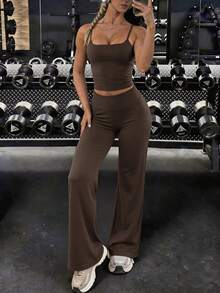 GAOVOT Women's Sports Two Pieces Summer Sexy Tank Top With Breast Pad And High Waist Hip Straight Pants Are Suitable For Yoga Gym - Brown - View 6